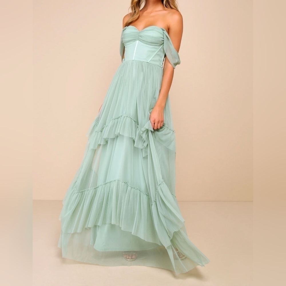 Lulus Stunning Personality Sage Green Mesh Off-the-Shoulder Maxi Dress, Size XS